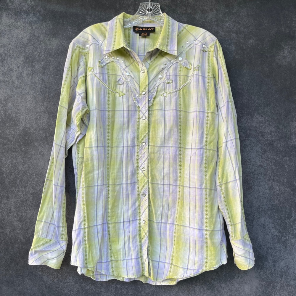 Ariat Womens XL Western Snap Shirt Plaid Rhinestone Studded Cowgirl Rodeo Ranch